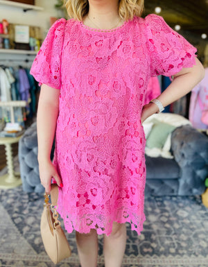 Lace Mini Dress w/ Puff Sleeve - Bubblegum Pink