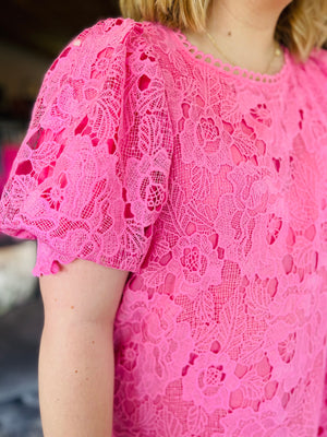 Lace Mini Dress w/ Puff Sleeve - Bubblegum Pink