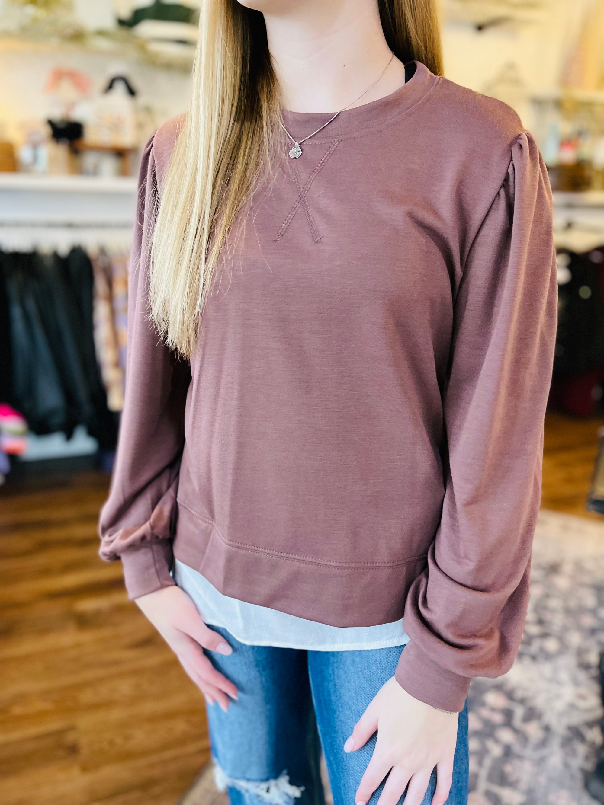 Khaki Terry Knit Sweatshirt w/ Contrast Bottom