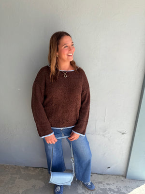 Blu Pepper Brown Boat Neck Blue Trim Knit Sweater