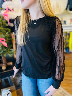 Black Top w/ Lace Sheer Sleeve