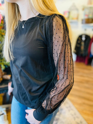 Black Top w/ Lace Sheer Sleeve