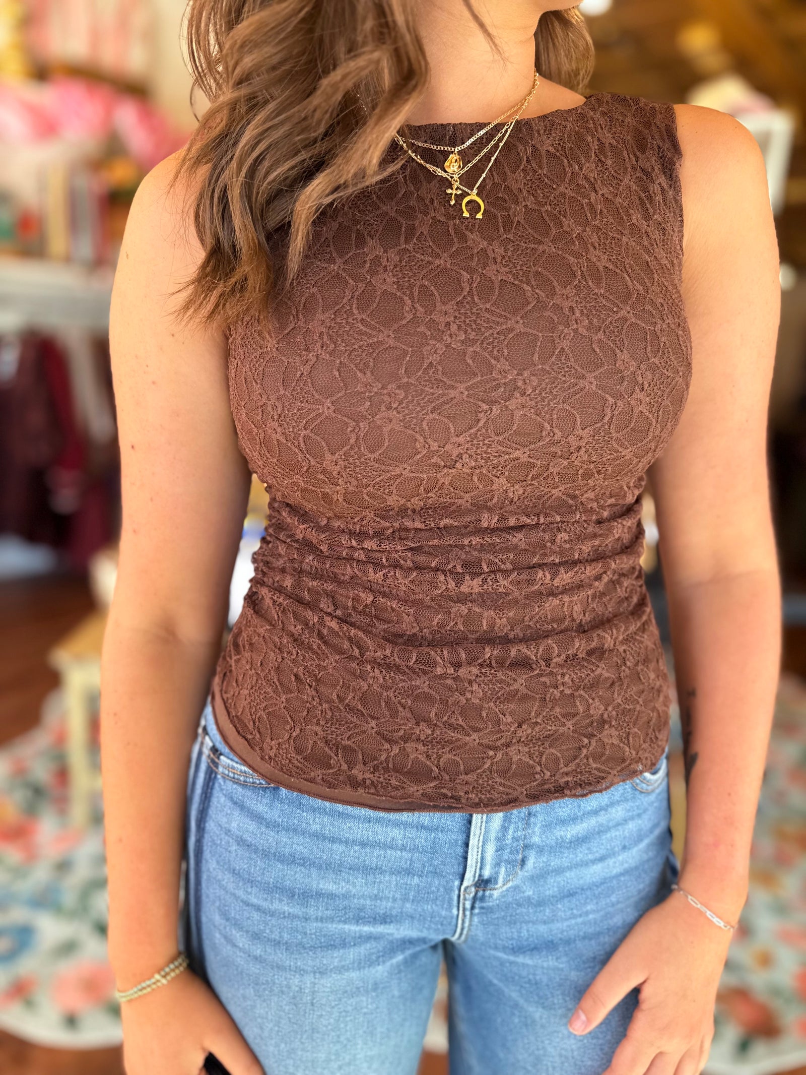 Blu Pepper Brown Lace Boat Neck Ruched Knit Top