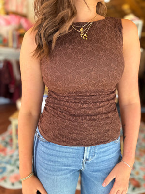 Blu Pepper Brown Lace Boat Neck Ruched Knit Top