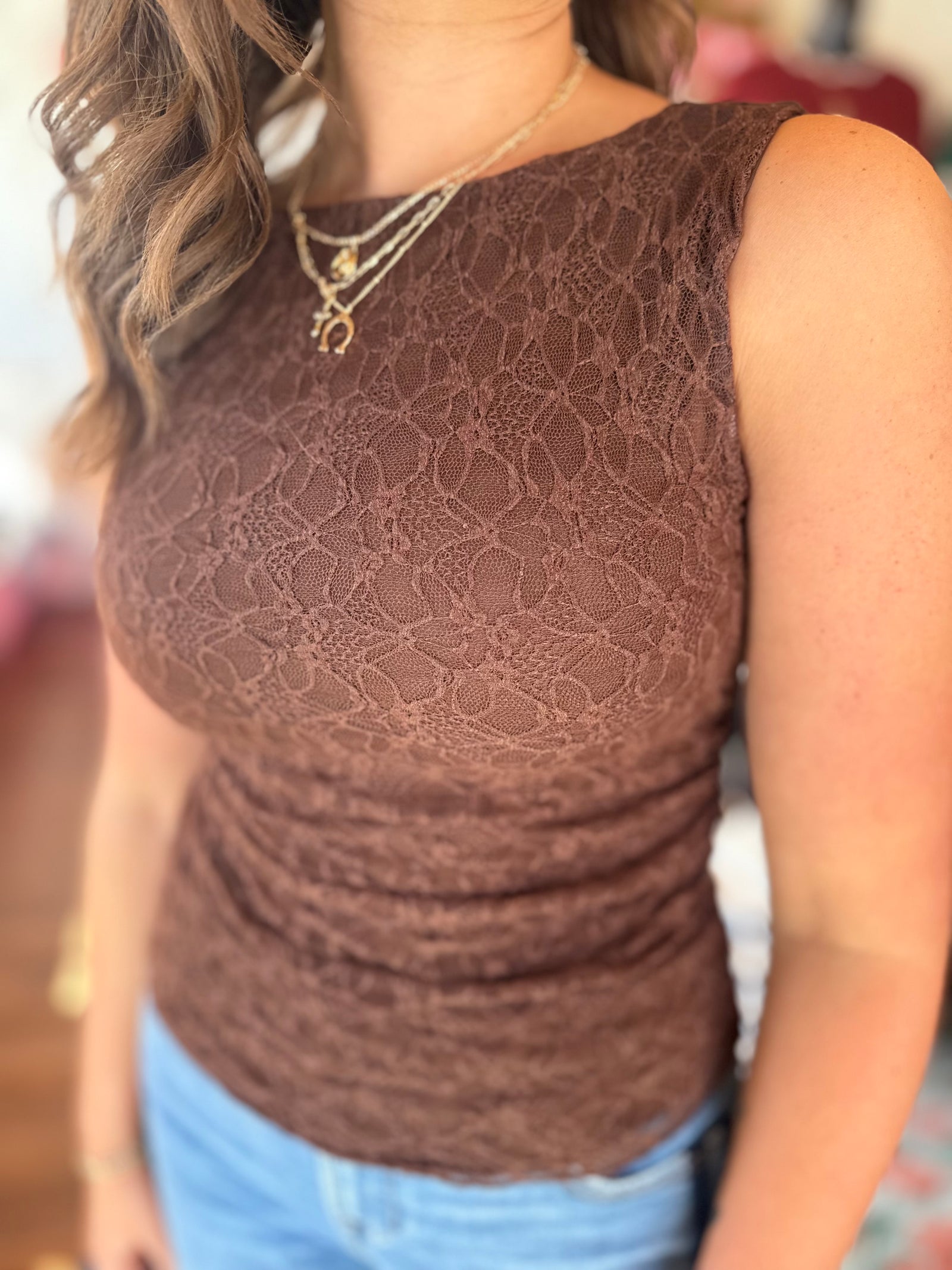 Blu Pepper Brown Lace Boat Neck Ruched Knit Top