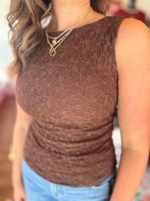 Blu Pepper Brown Lace Boat Neck Ruched Knit Top