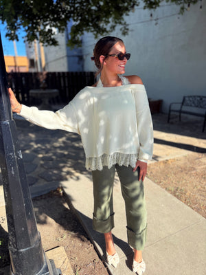 Blu Pepper Cream Layered Lace Hem Haltered Off Shoulder Top