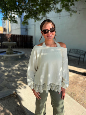 Blu Pepper Cream Layered Lace Hem Haltered Off Shoulder Top