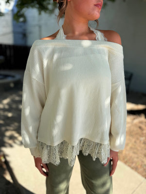 Blu Pepper Cream Layered Lace Hem Haltered Off Shoulder Top