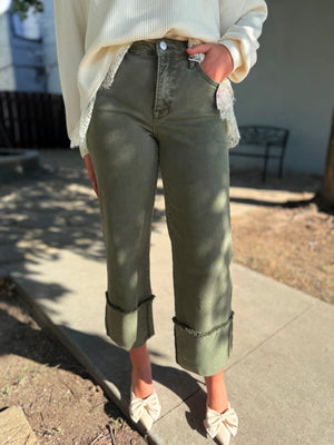 Risen Olive Tummy Control Wide Leg Cuffed Jeans
