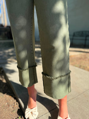 Risen Olive Tummy Control Wide Leg Cuffed Jeans