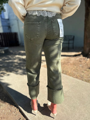 Risen Olive Tummy Control Wide Leg Cuffed Jeans