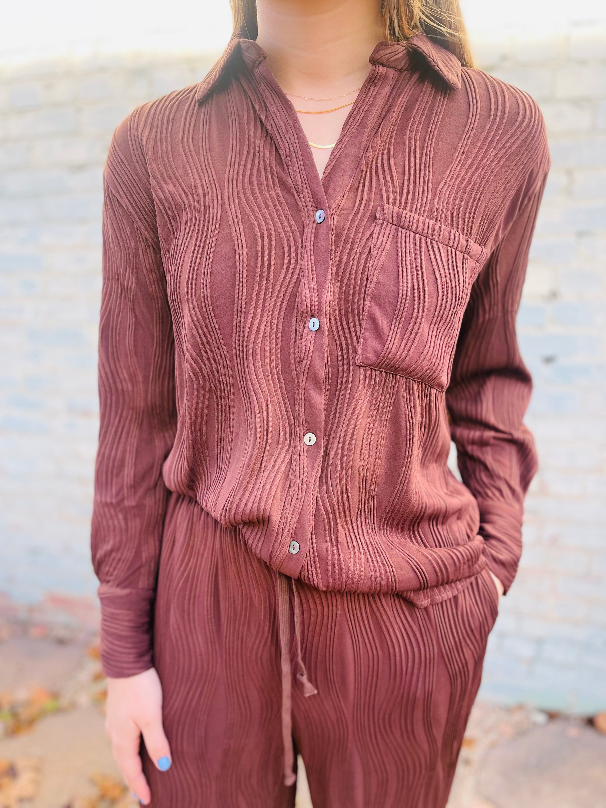 Wavy Textured Chocolate Button Up Top