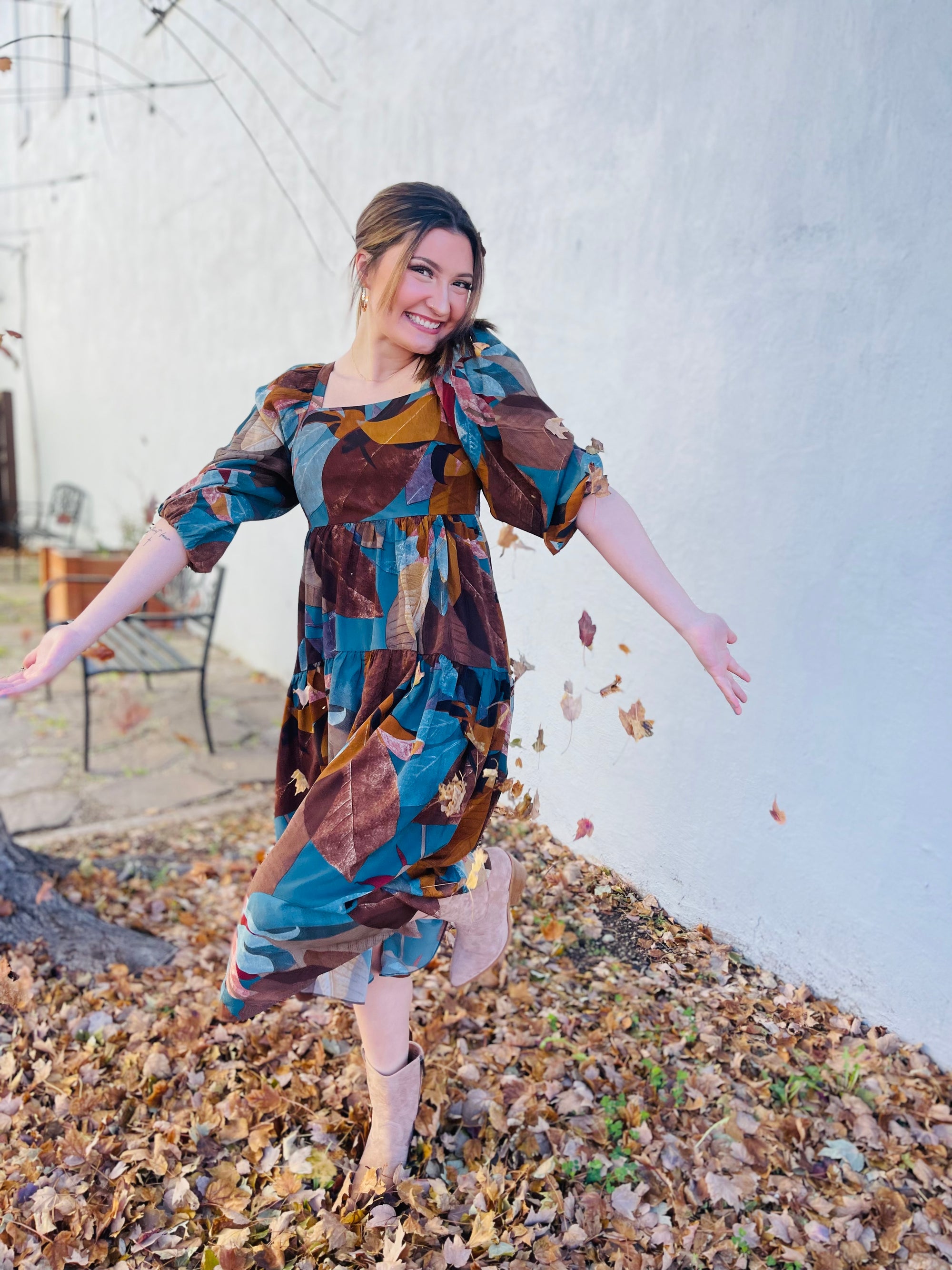 Teal & Brown Leaf Print Midi Dress