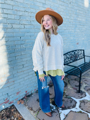 Oatmeal Extended Shoulder Knit Top