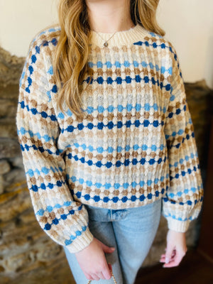 Blue Multicolor Crewneck Knit Pullover Sweater