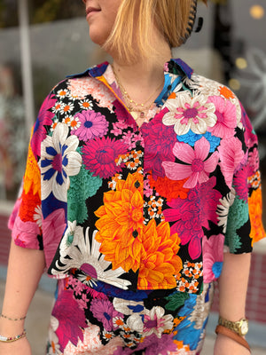 GigiO Bold Floral Cropped Button Up Boxy Top
