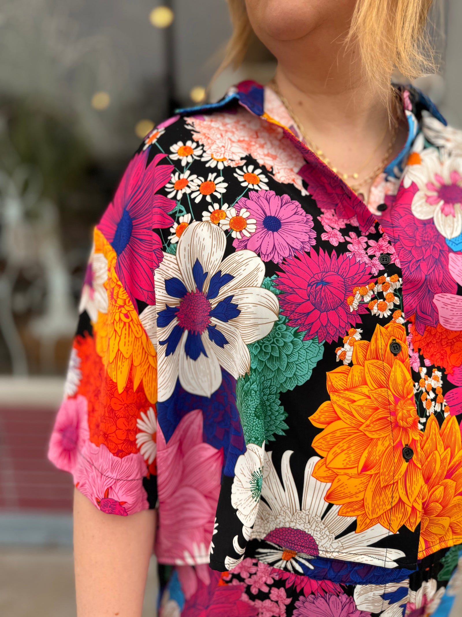 GigiO Bold Floral Cropped Button Up Boxy Top