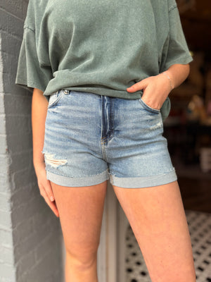 Risen Light Wash High Rise Cuffed Shorts