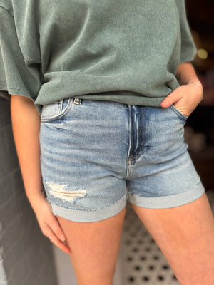 Risen Light Wash High Rise Cuffed Shorts