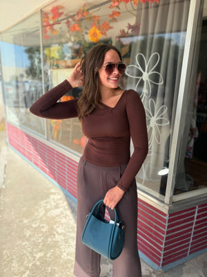 Blu Pepper Brown Asymmetrical Neck Ruched Long Sleeve Top