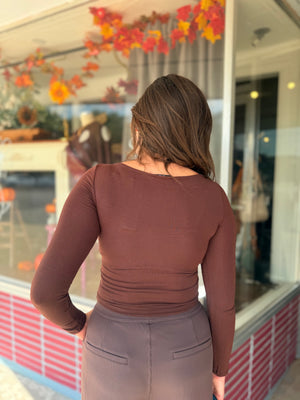 Blu Pepper Brown Asymmetrical Neck Ruched Long Sleeve Top