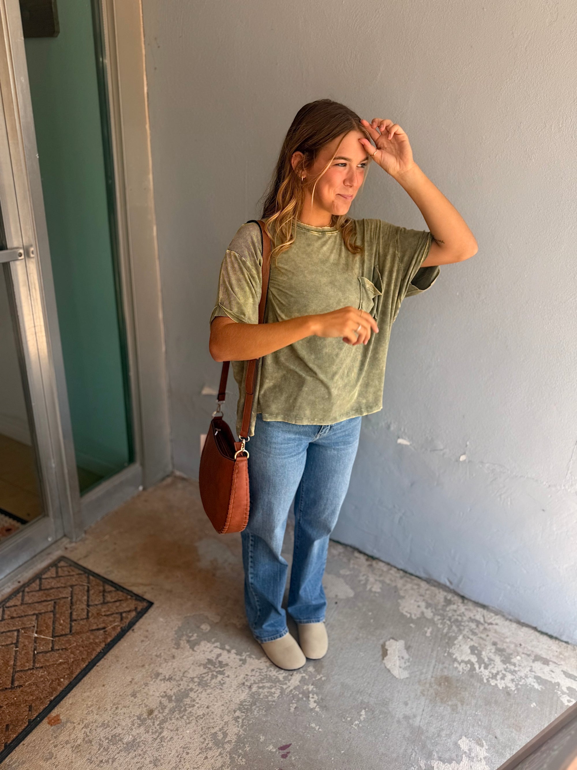 Light Olive Washed Ribbed Short Sleeve Top w/ Pocket