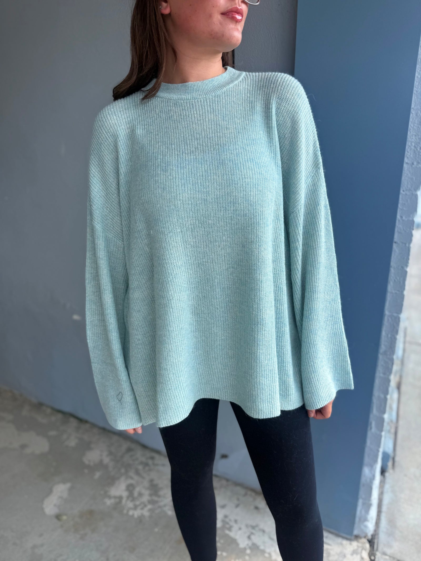 Davi + Dani Light Blue Ribbed Knit Flare Sleeve Sweater