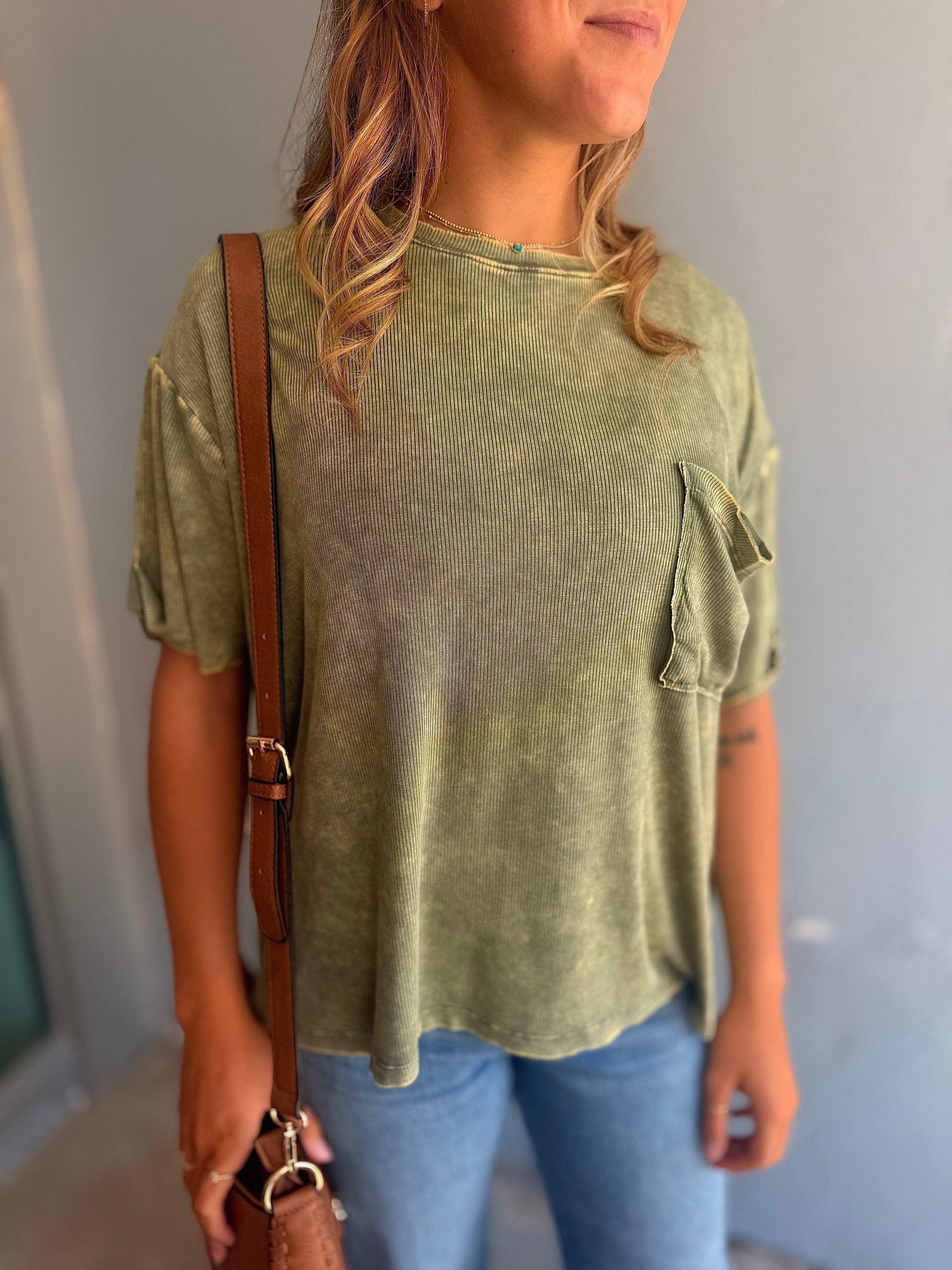 Light Olive Washed Ribbed Short Sleeve Top w/ Pocket