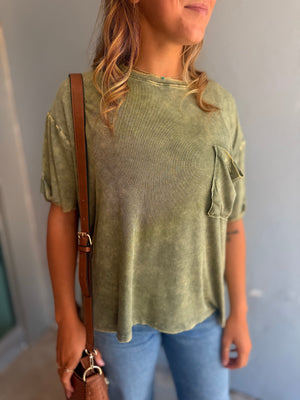 Light Olive Washed Ribbed Short Sleeve Top w/ Pocket