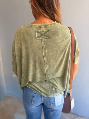 Light Olive Washed Ribbed Short Sleeve Top w/ Pocket