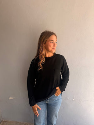Black Ribbed Drop Shoulder Long Sleeve Top
