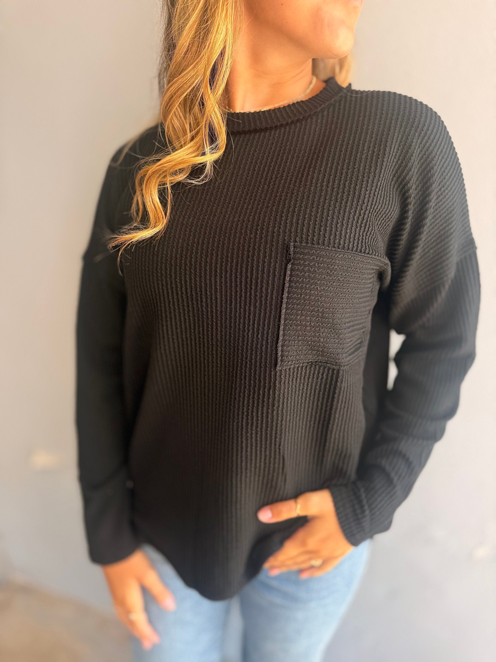 Black Ribbed Drop Shoulder Long Sleeve Top