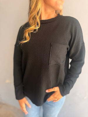 Black Ribbed Drop Shoulder Long Sleeve Top