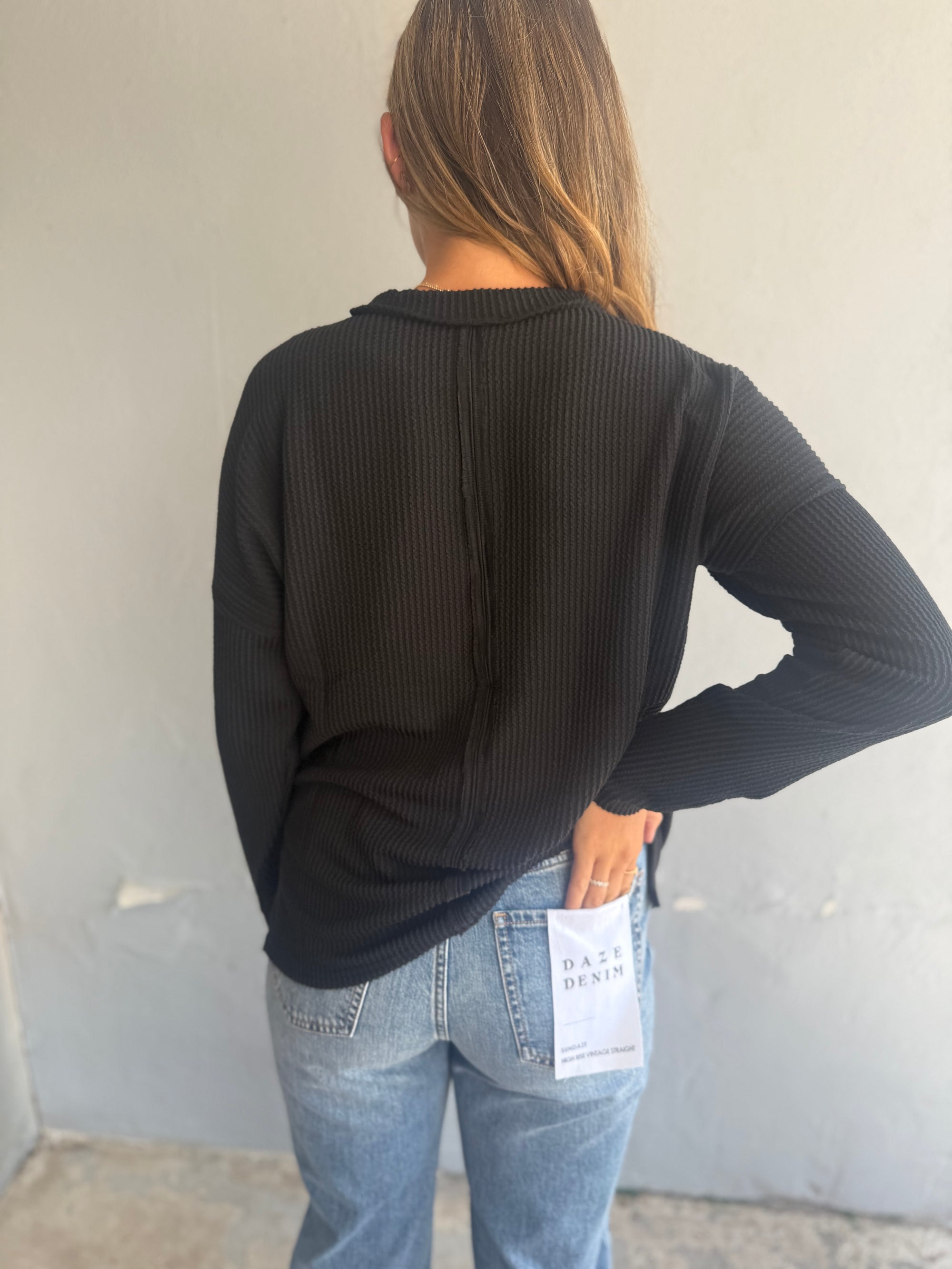 Black Ribbed Drop Shoulder Long Sleeve Top