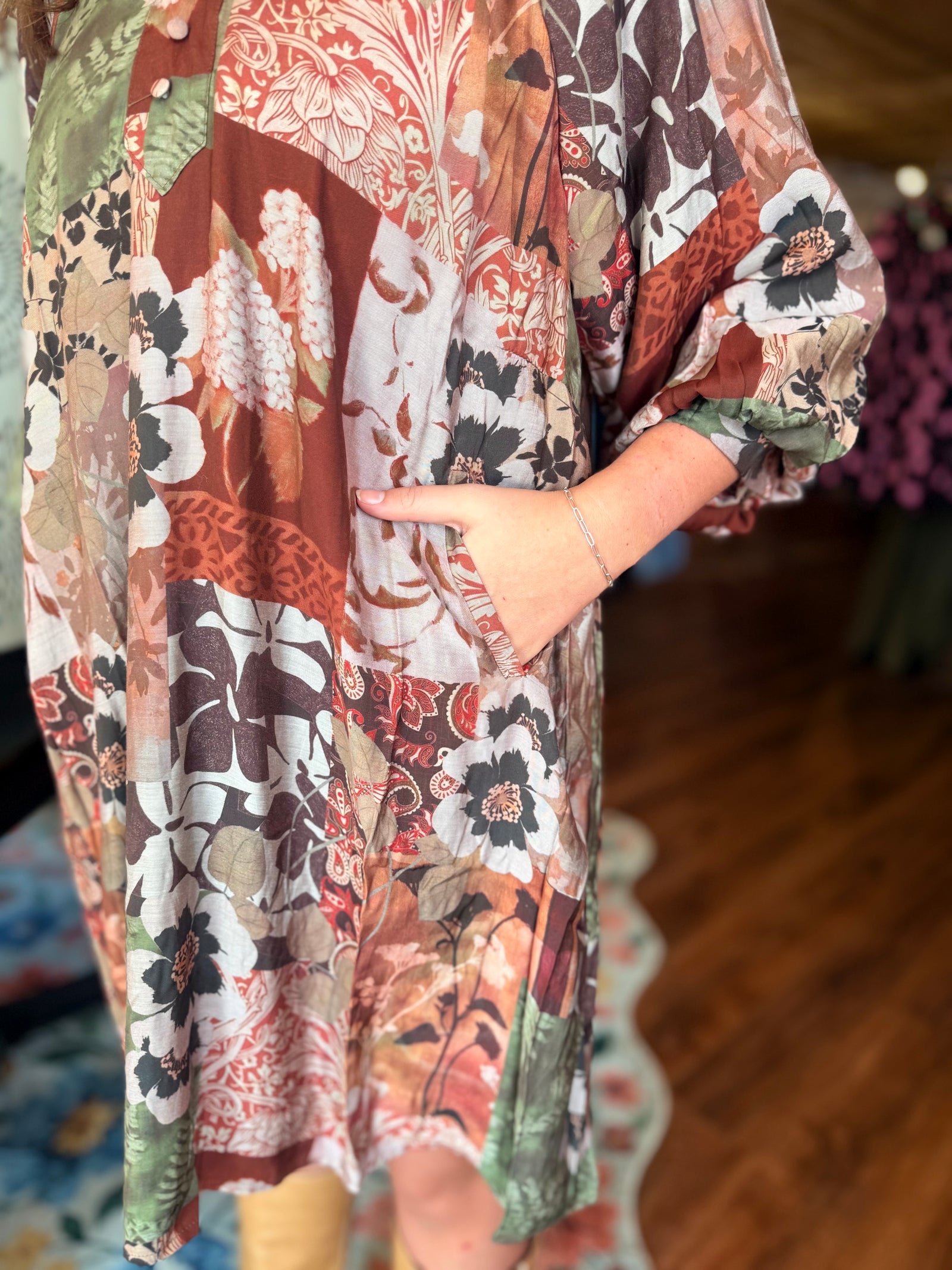 Umgee Brown Floral Puff Sleeve Dress w/ Button Down Detail