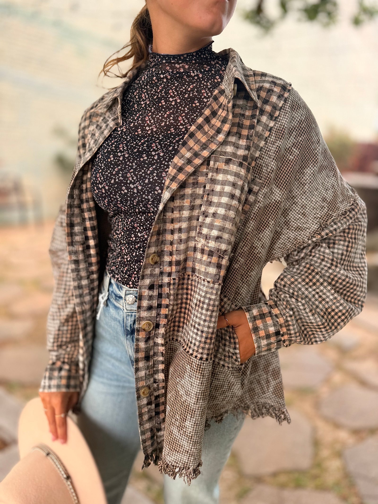 Oli + Hali Washed Mixed Plaid w/ Frayed Hem