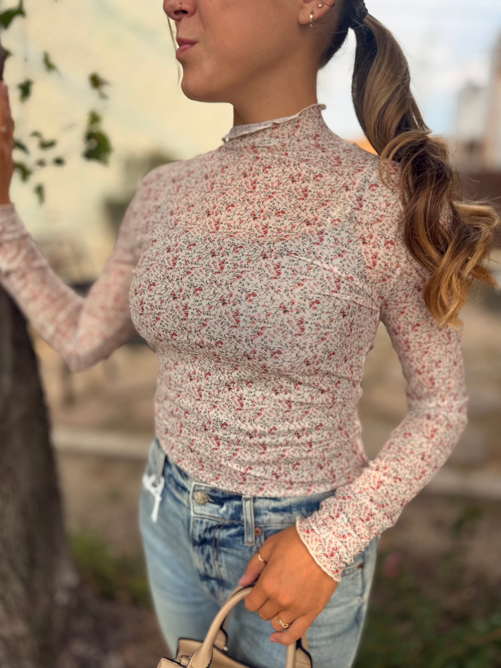 Oli + Hali Long Sleeve Floral Mesh Top