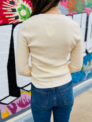 Slim Fit V-Neck Sweater Top - Cream