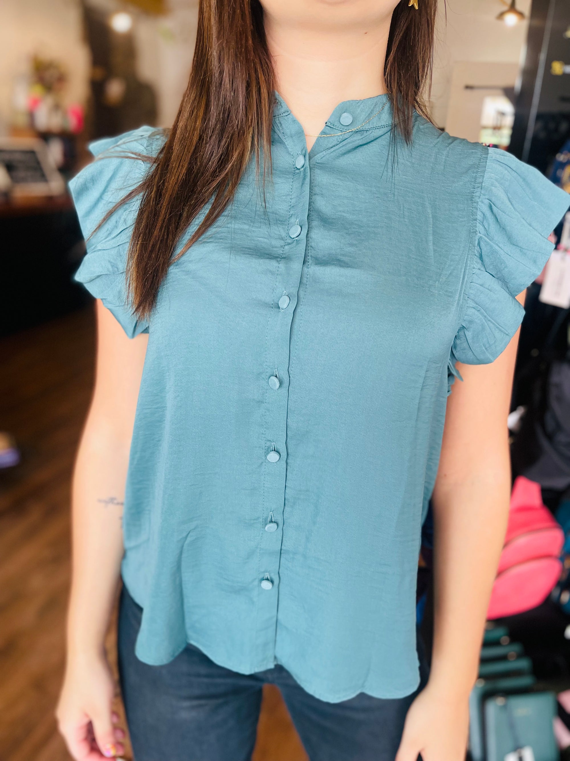 Collared Button Down Ruffle Sleeve Blouse - Teal