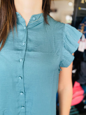 Collared Button Down Ruffle Sleeve Blouse - Teal