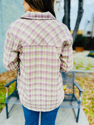 Checkered Button Down Shacket - Dusty Lavender