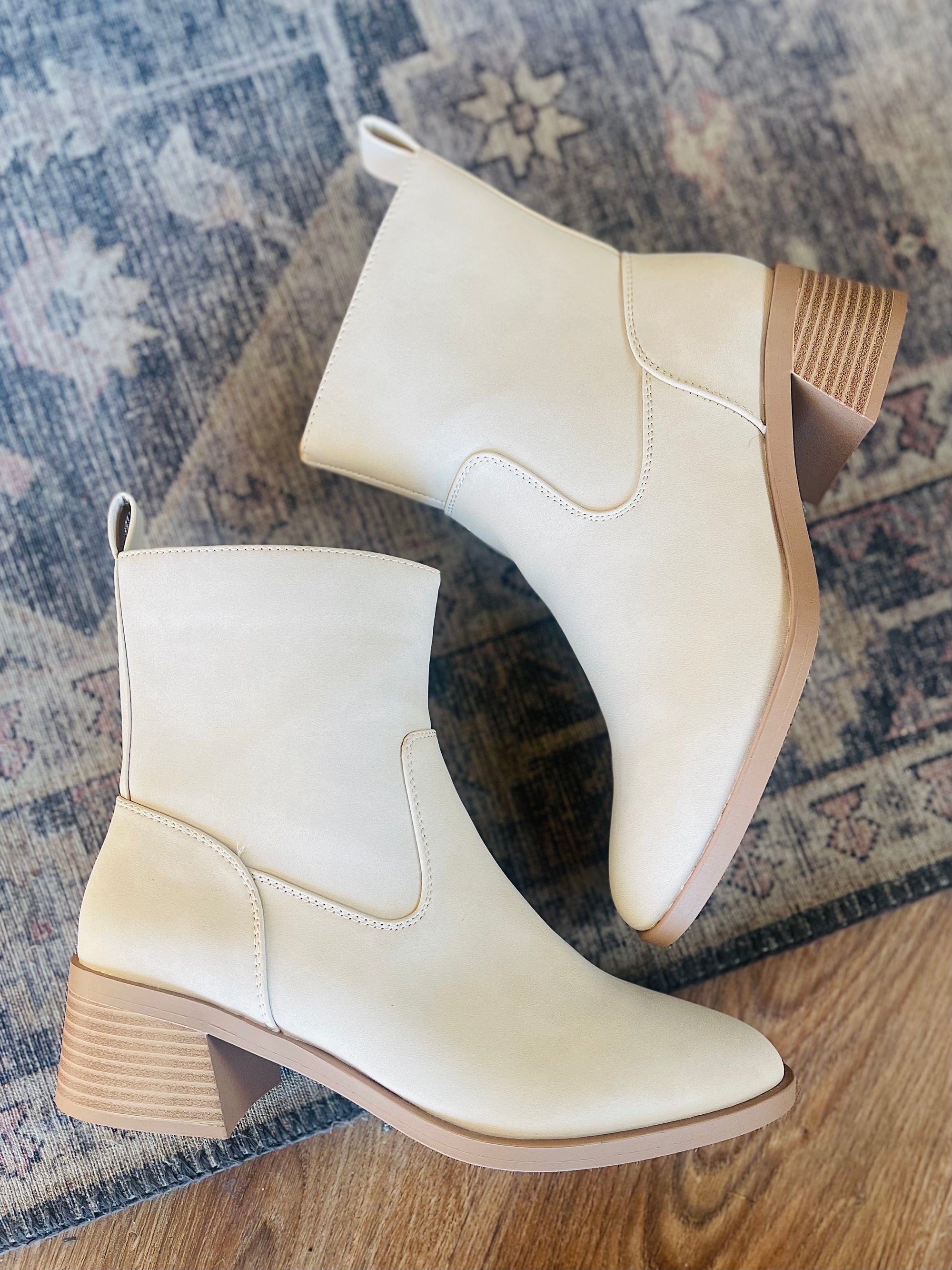 Beige Mid Calf Block Heel Boot