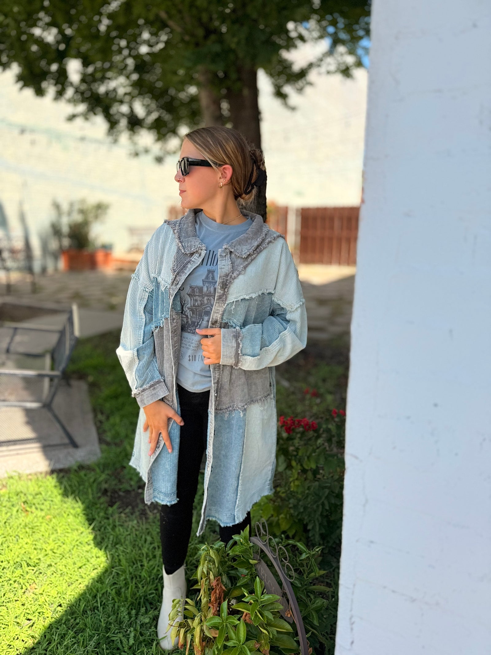 Oli + Hali Washed Blue Color Block Shacket