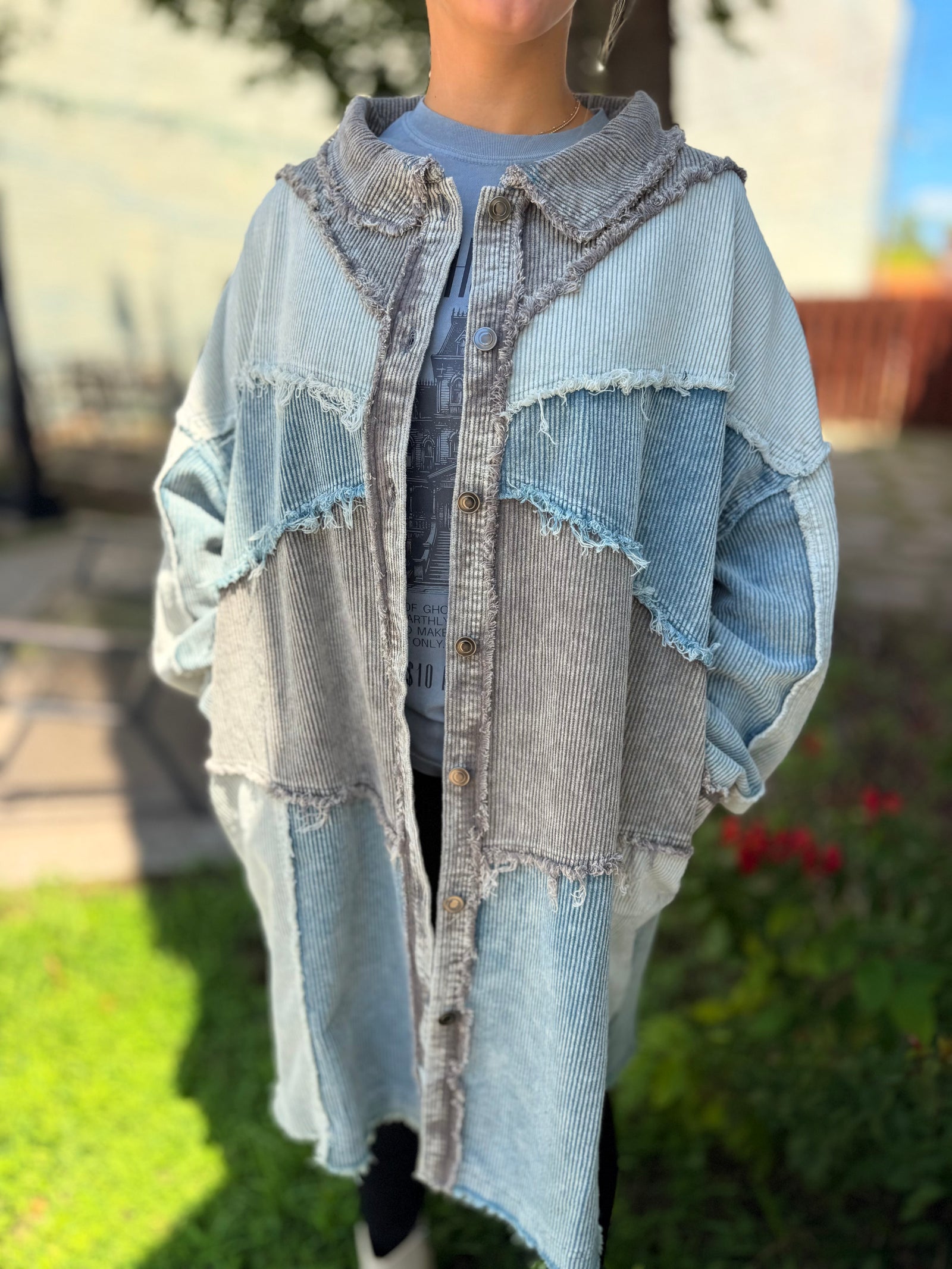 Oli + Hali Washed Blue Color Block Shacket