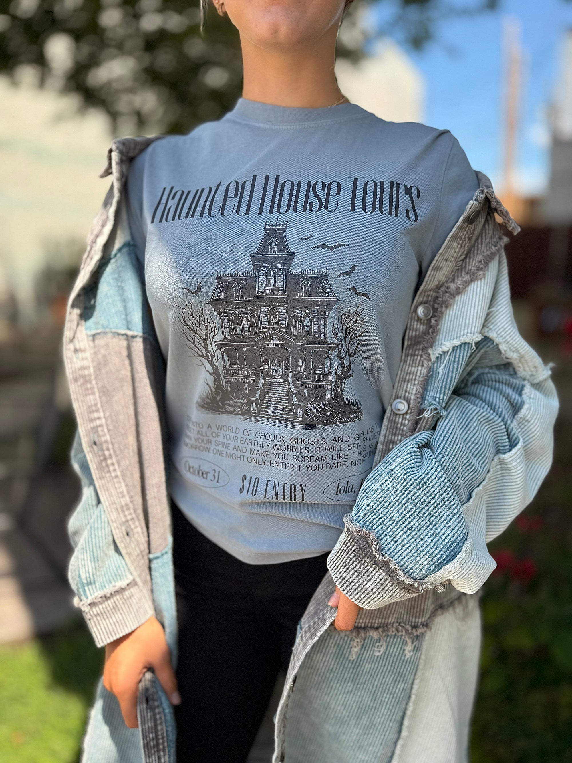 Grey Haunted House Graphic T-Shirt
