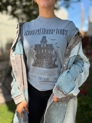 Grey Haunted House Graphic T-Shirt