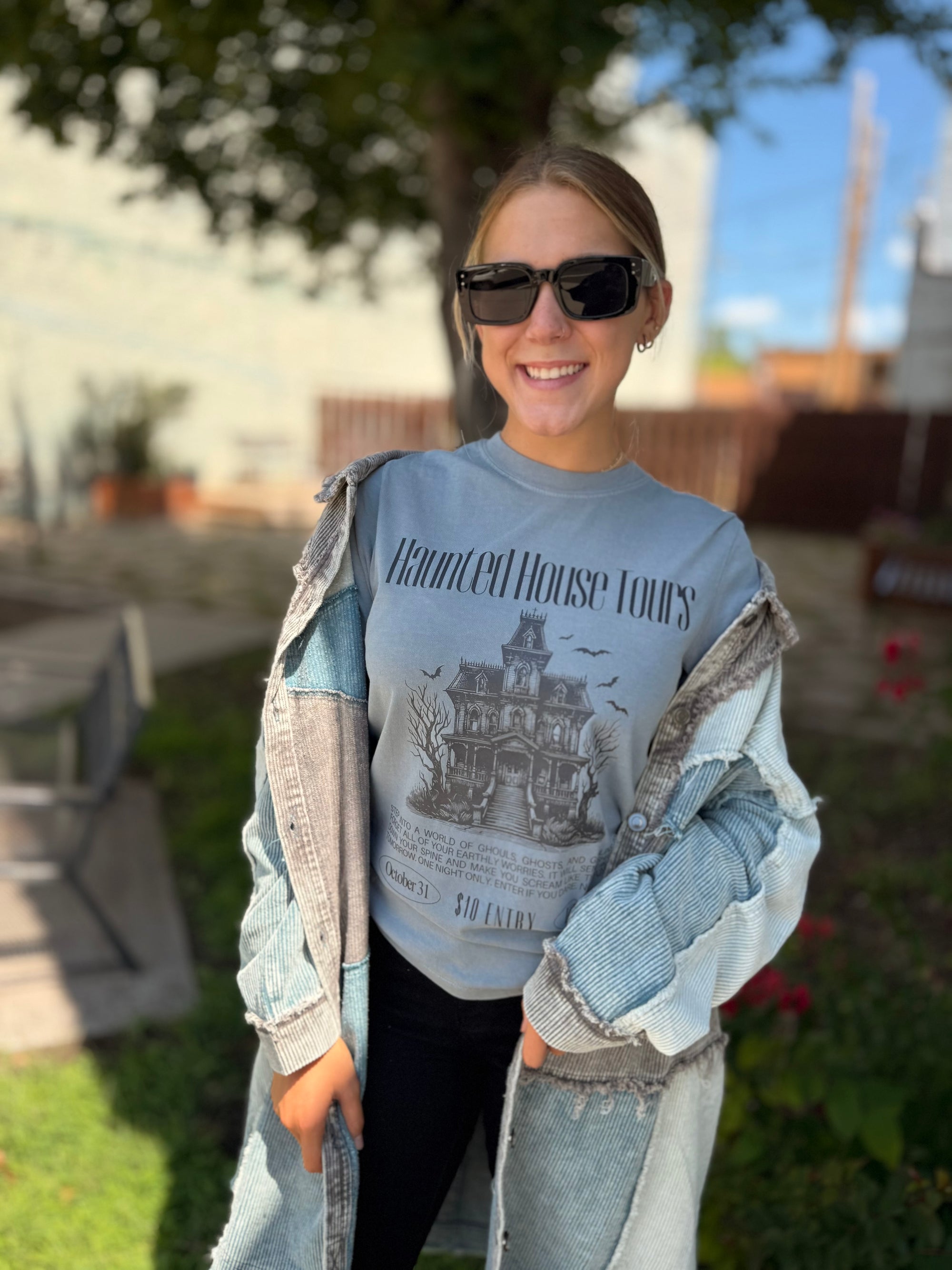 Grey Haunted House Graphic T-Shirt