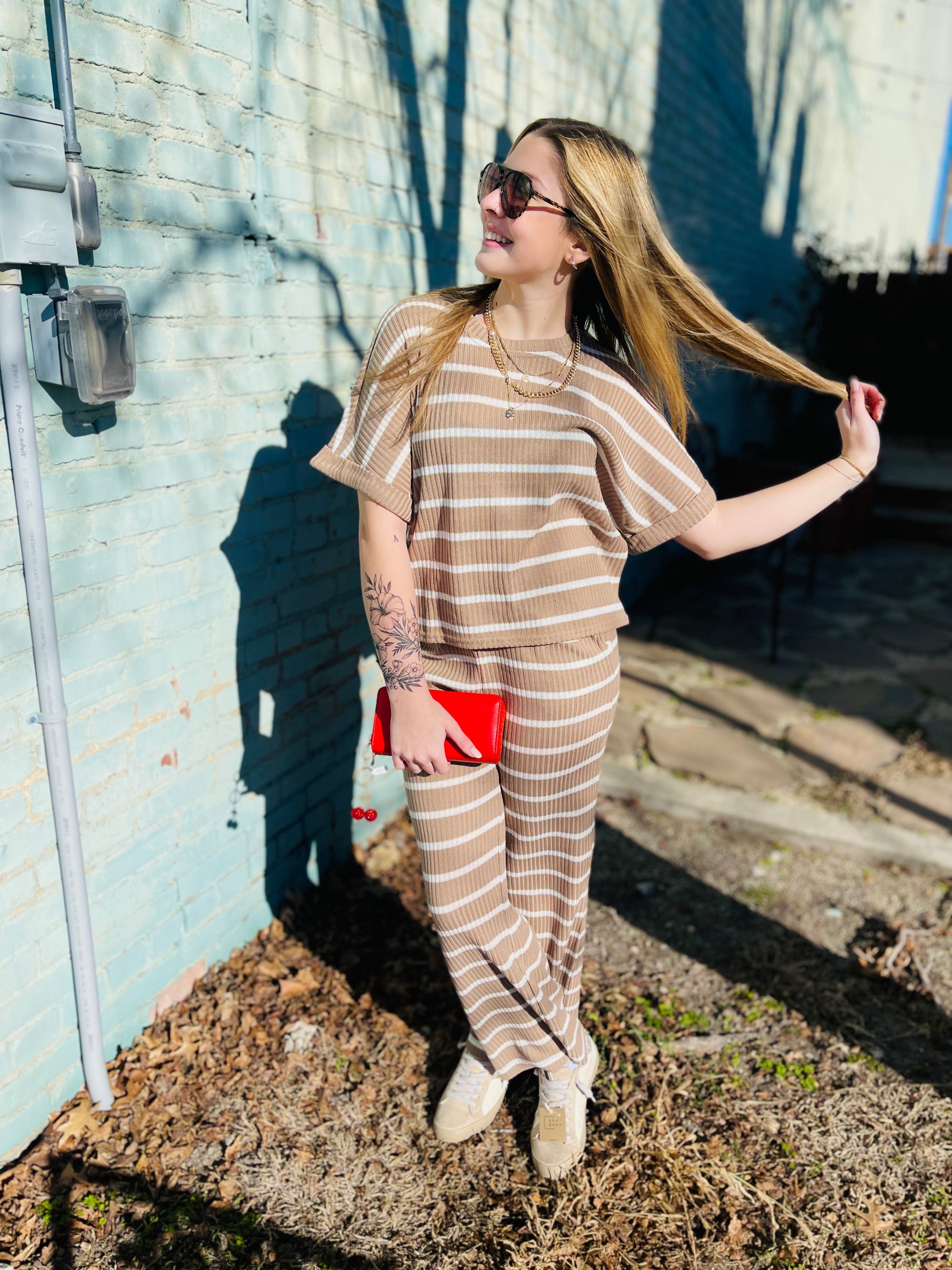 Taupe Striped Short Sleeve Knit Top