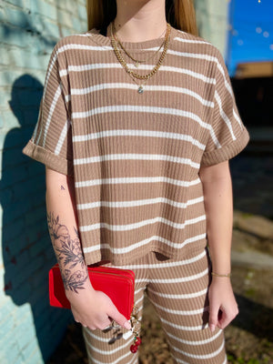 Taupe Striped Short Sleeve Knit Top